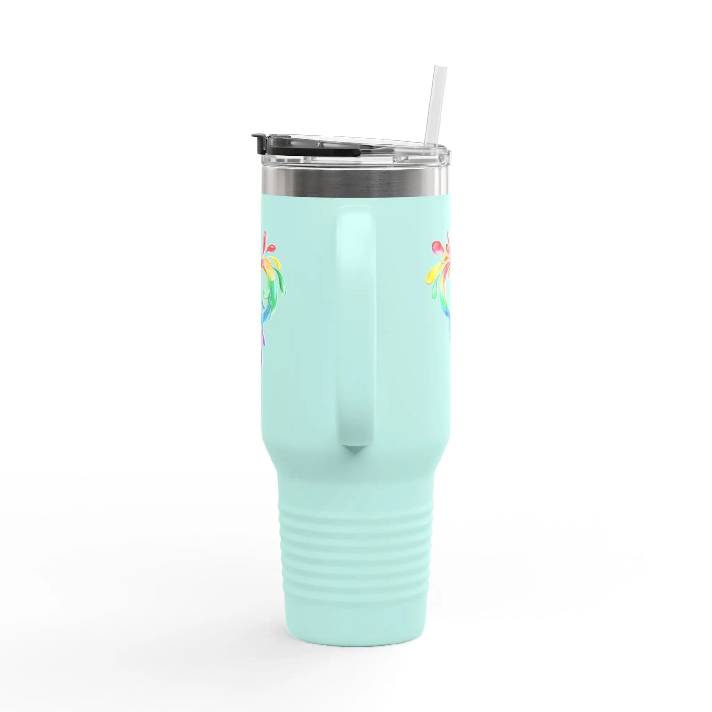 A light blue travel mug with a handle and straw, showcasing a colorful heart made of water splashes. The Worldwide PRIDE cup is for celebrating diversity and love.