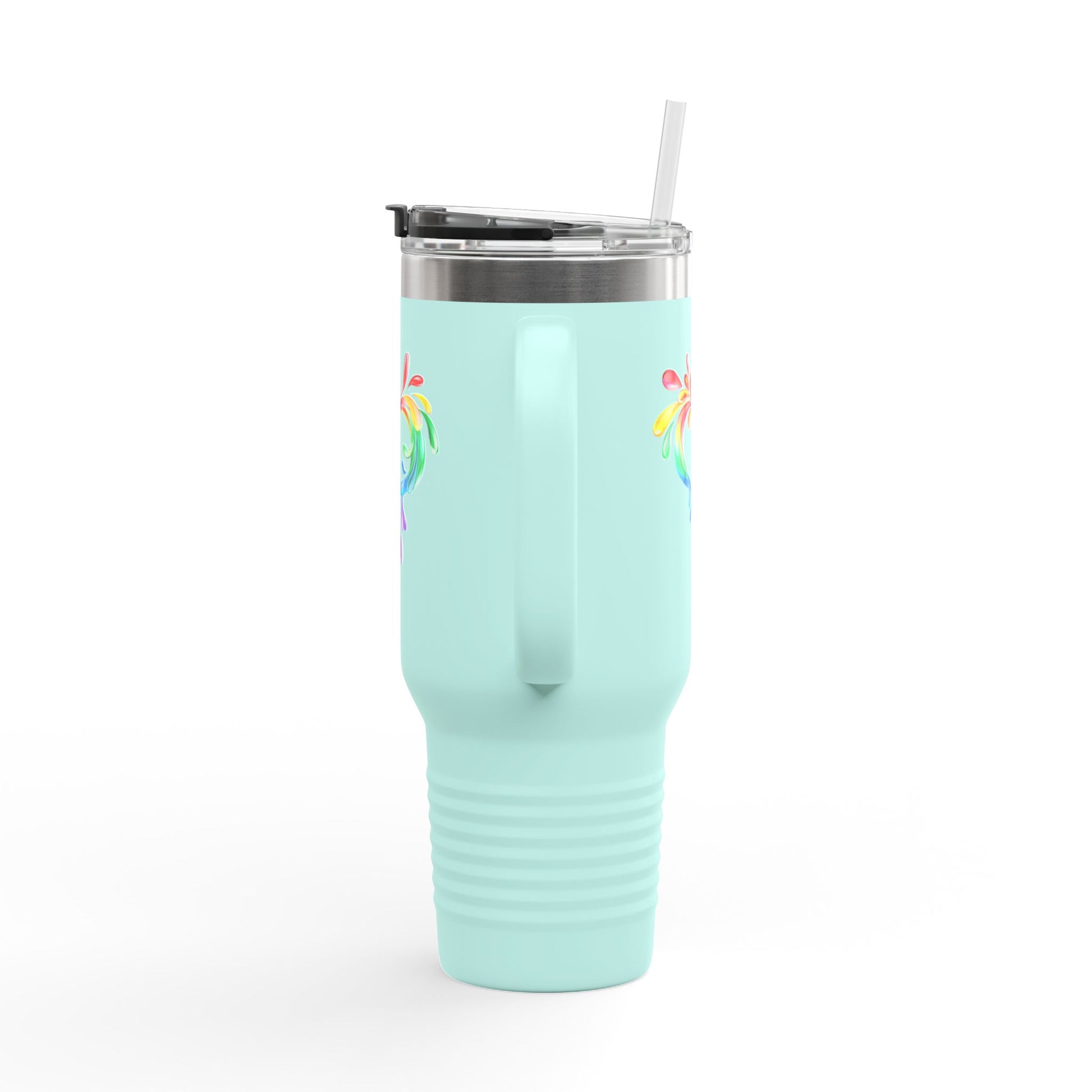 A light blue travel mug with a handle and straw, showcasing a colorful heart made of water splashes. The Worldwide PRIDE cup is for celebrating diversity and love.
