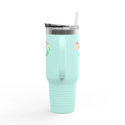 A light blue travel mug with a handle and straw, showcasing a colorful heart made of water splashes. The Worldwide PRIDE cup is for celebrating diversity and love.