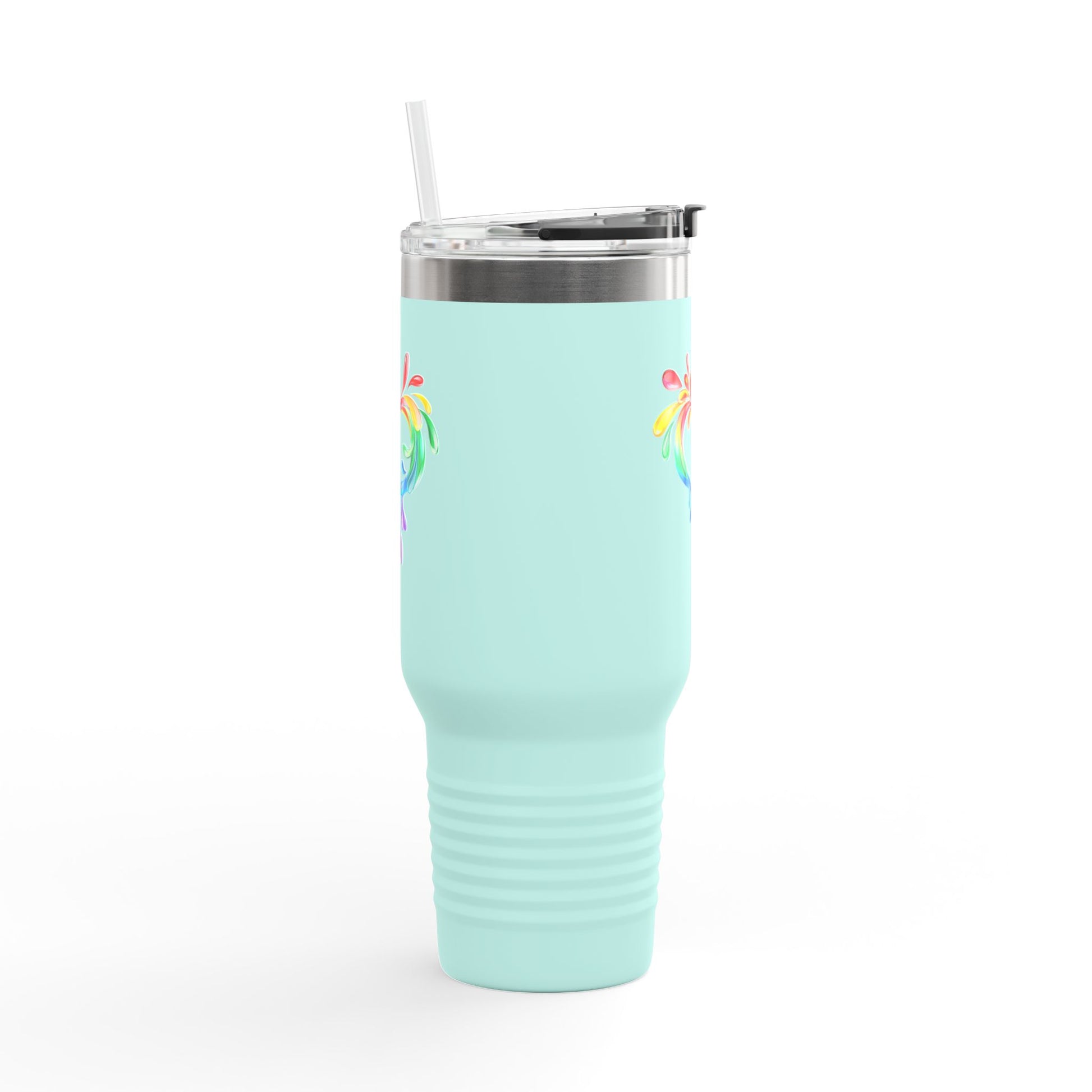 A light blue travel mug with a straw, showcasing a colorful heart made of water splashes. The Worldwide PRIDE cup is celebrating diversity and love.