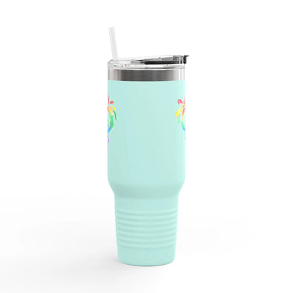 A light blue travel mug with a straw, showcasing a colorful heart made of water splashes. The Worldwide PRIDE cup is celebrating diversity and love.