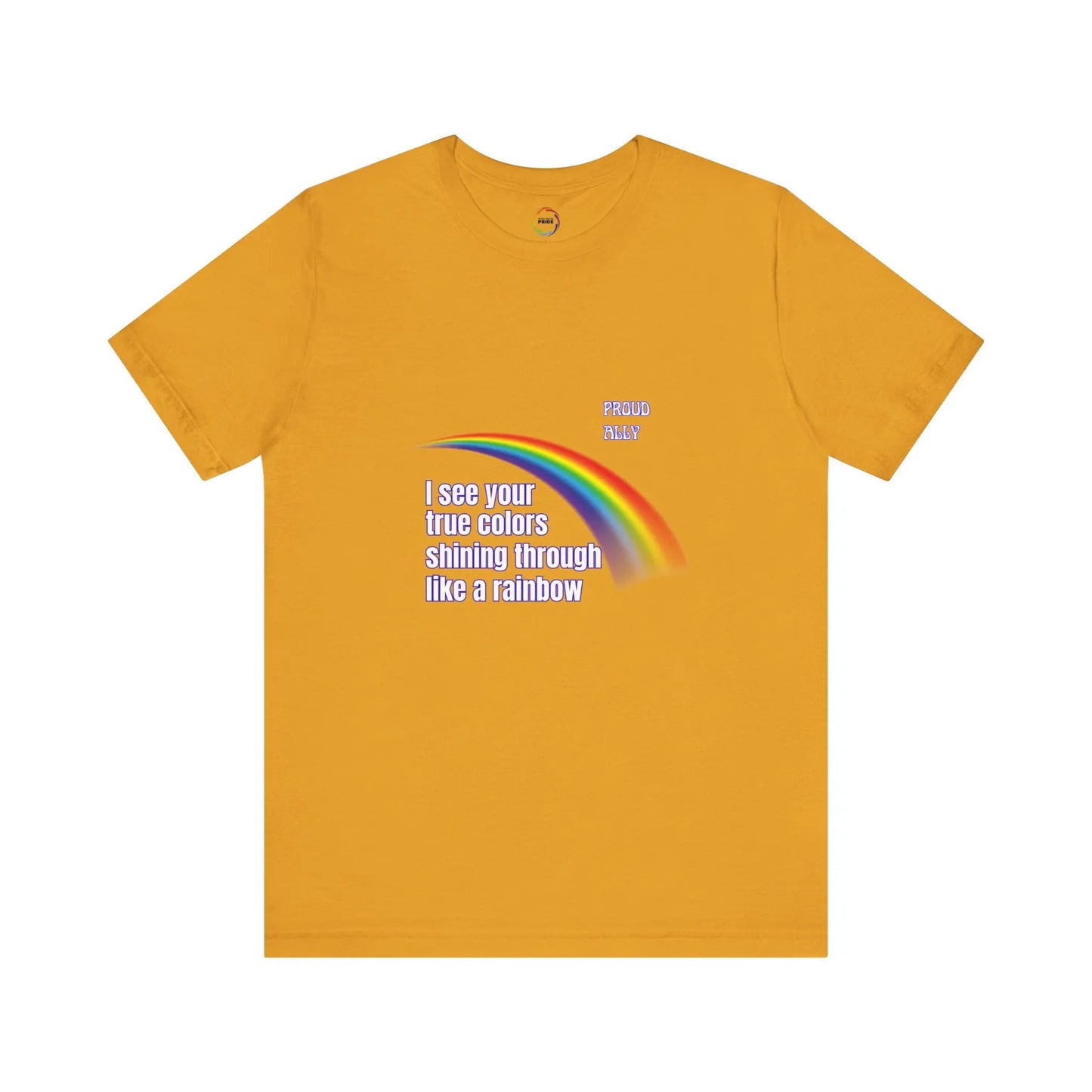 Mustard yellow t-shirt with rainbow and text design on a white background