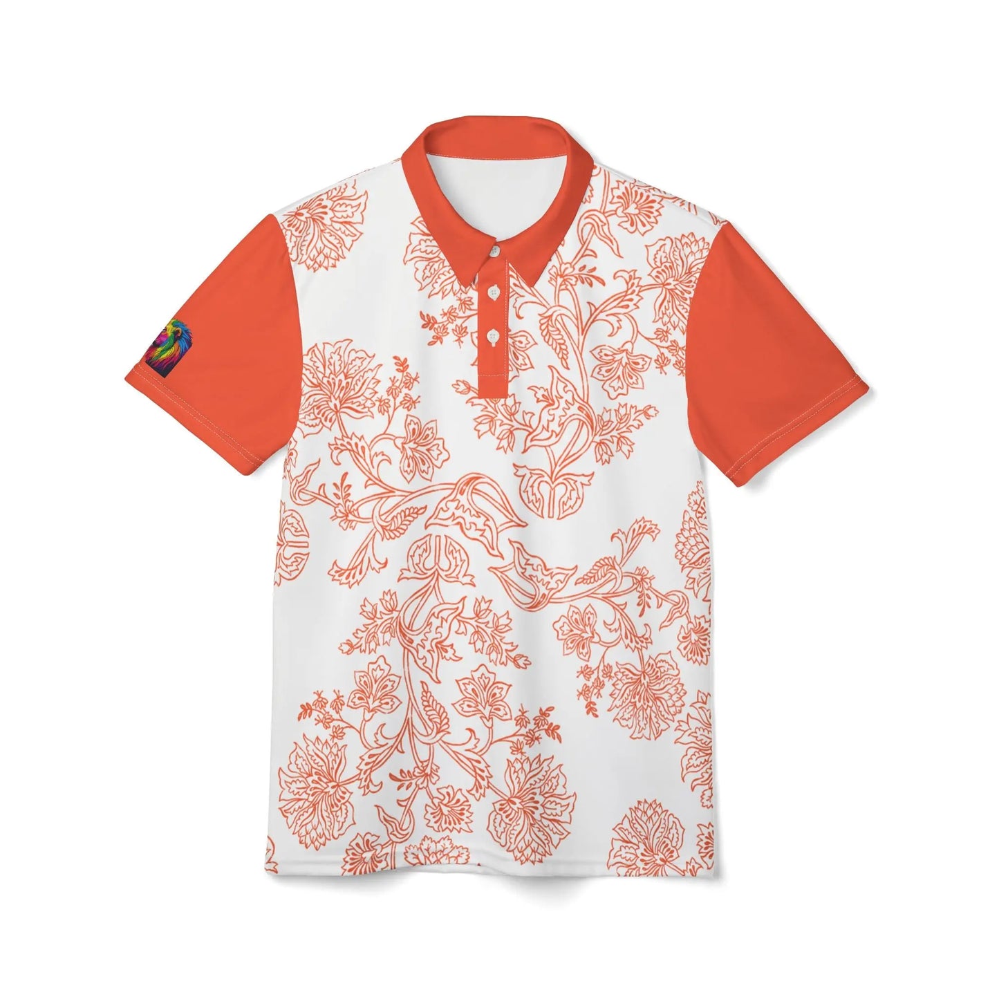 An orange and white paisley flower polo shirt from the Worldwide PRIDE Subtlety collection. On the right sleeve is a small colorful lion, an homage to the LBGTQ community. The person is placed against a plain white backdrop.