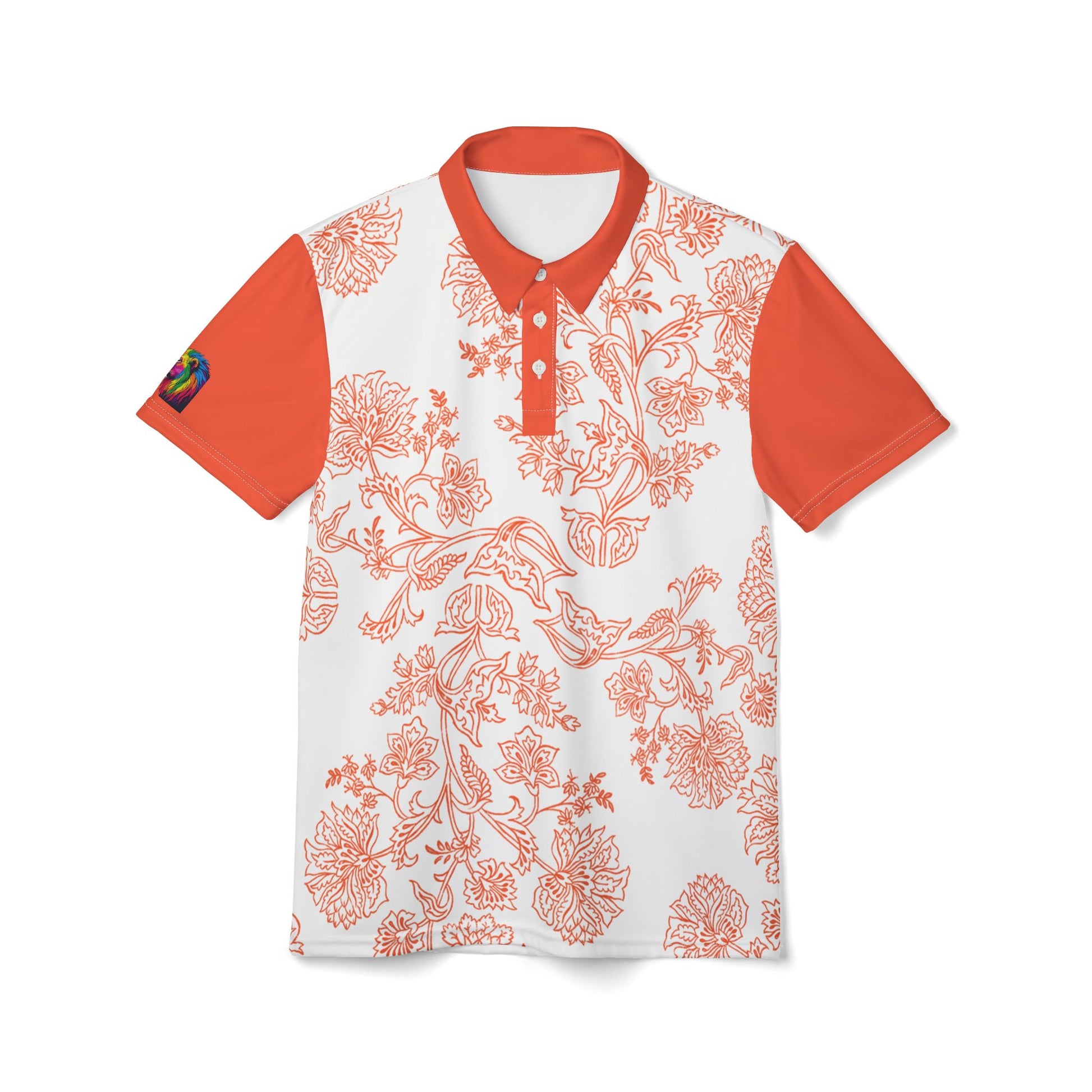An orange and white paisley flower polo shirt from the Worldwide PRIDE Subtlety collection. On the right sleeve is a small colorful lion, an homage to the LBGTQ community. The person is placed against a plain white backdrop.