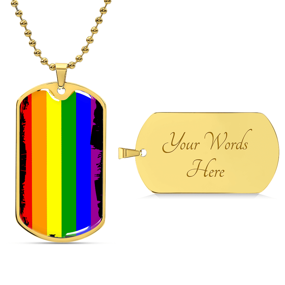 This metal dog tag necklace, featuring a ball chain, proudly showcases vertical rainbow stripes on the front. Reflecting the spirit of Worldwide PRIDE, the back is customizable and engraved separately, celebrating and connecting with the LGBTQ community globally.