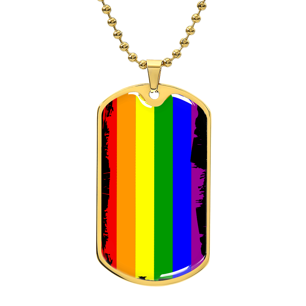 This metal dog tag necklace, featuring a ball chain, proudly showcases vertical rainbow stripes on the front. Reflecting the spirit of Worldwide PRIDE, the back is customizable and engraved separately, celebrating and connecting with the LGBTQ community globally.