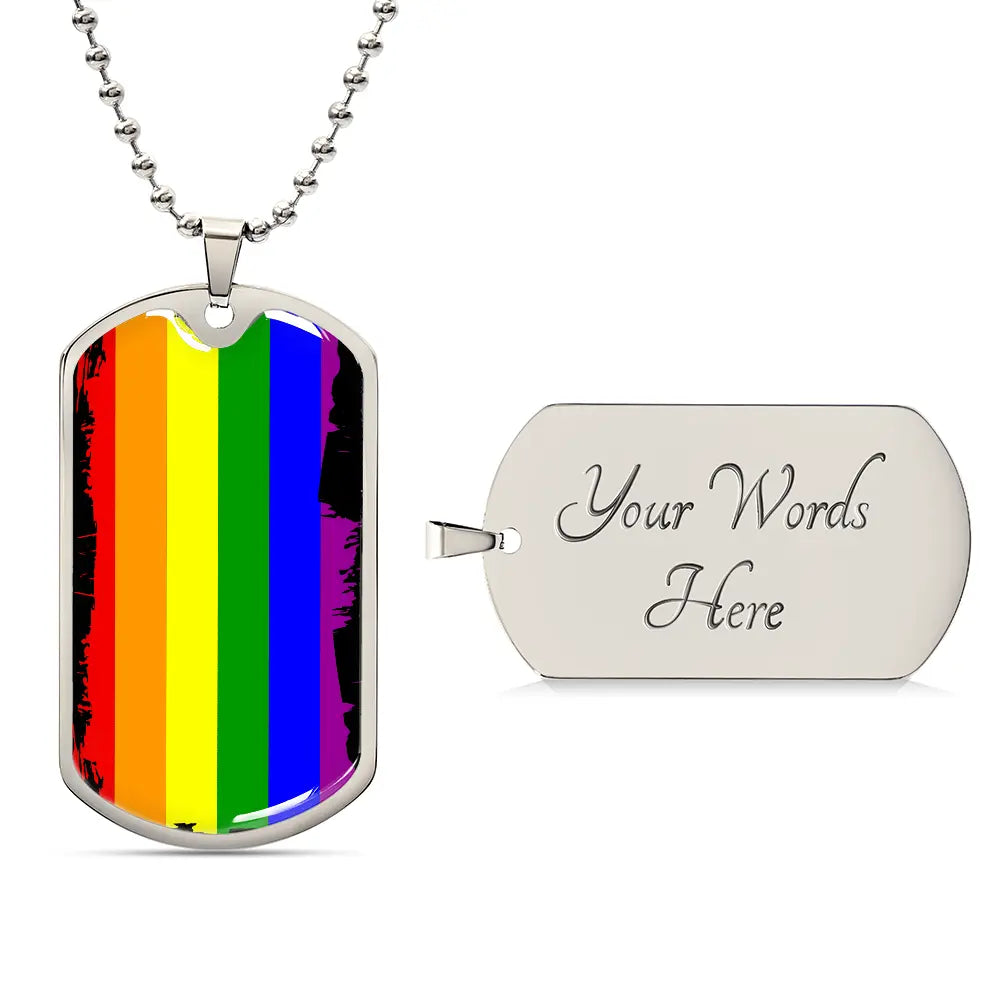 This metal dog tag necklace, featuring a ball chain, proudly showcases vertical rainbow stripes on the front. Reflecting the spirit of Worldwide PRIDE, the back is customizable and engraved separately, celebrating and connecting with the LGBTQ community globally.