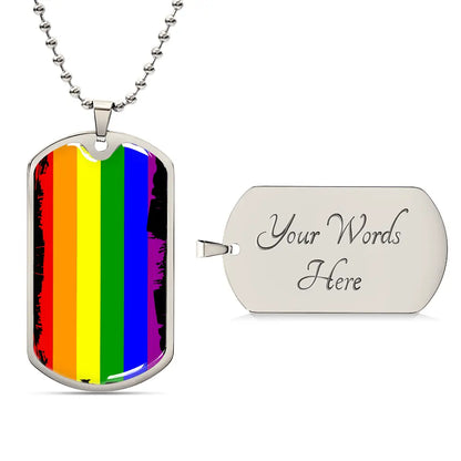 This metal dog tag necklace, featuring a ball chain, proudly showcases vertical rainbow stripes on the front. Reflecting the spirit of Worldwide PRIDE, the back is customizable and engraved separately, celebrating and connecting with the LGBTQ community globally.