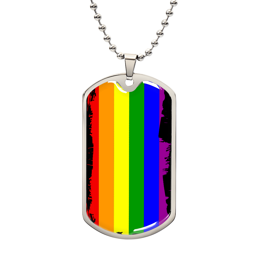 This metal dog tag necklace, featuring a ball chain, proudly showcases vertical rainbow stripes on the front. Reflecting the spirit of Worldwide PRIDE, the back is customizable and engraved separately, celebrating and connecting with the LGBTQ community globally.
