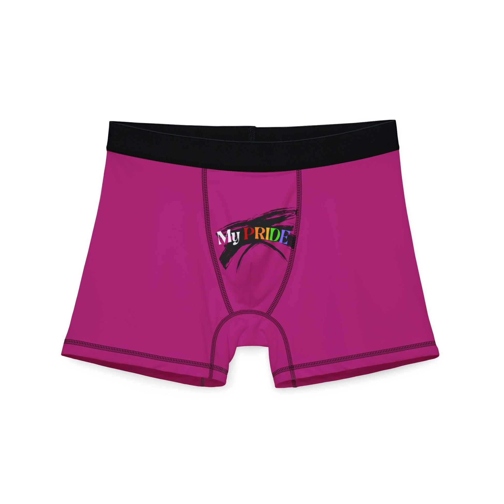 Pink boxer briefs with a black waistband, proudly showcasing My PRIDE in colorful letters on the front and and JOY on the back. This vibrant design celebrates the worldwide PRIDE and spirit of the LGBTQ community.