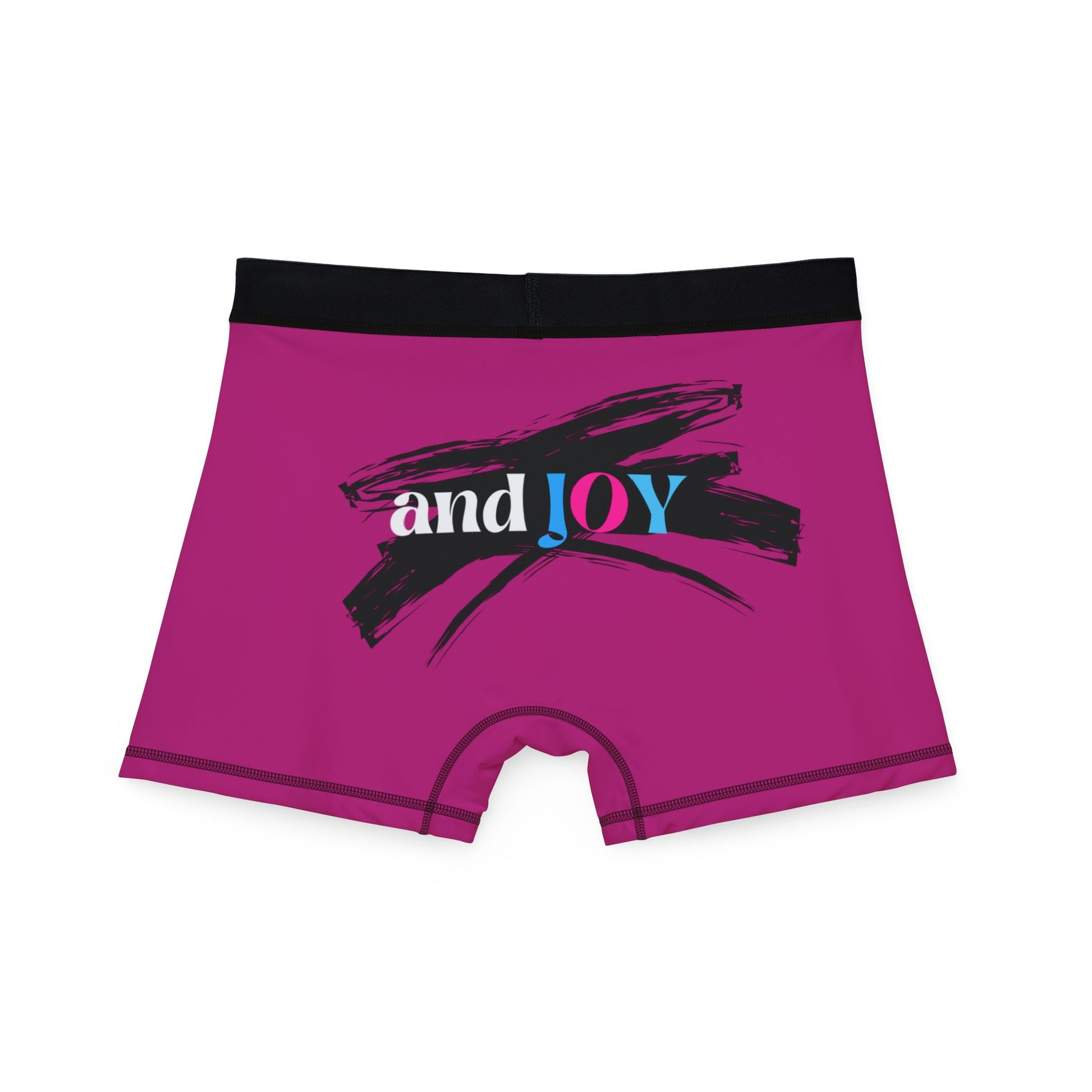 Pink boxer briefs with a black waistband, proudly showcasing My PRIDE in colorful letters on the front and and JOY on the back. This vibrant design celebrates the worldwide PRIDE and spirit of the LGBTQ community.