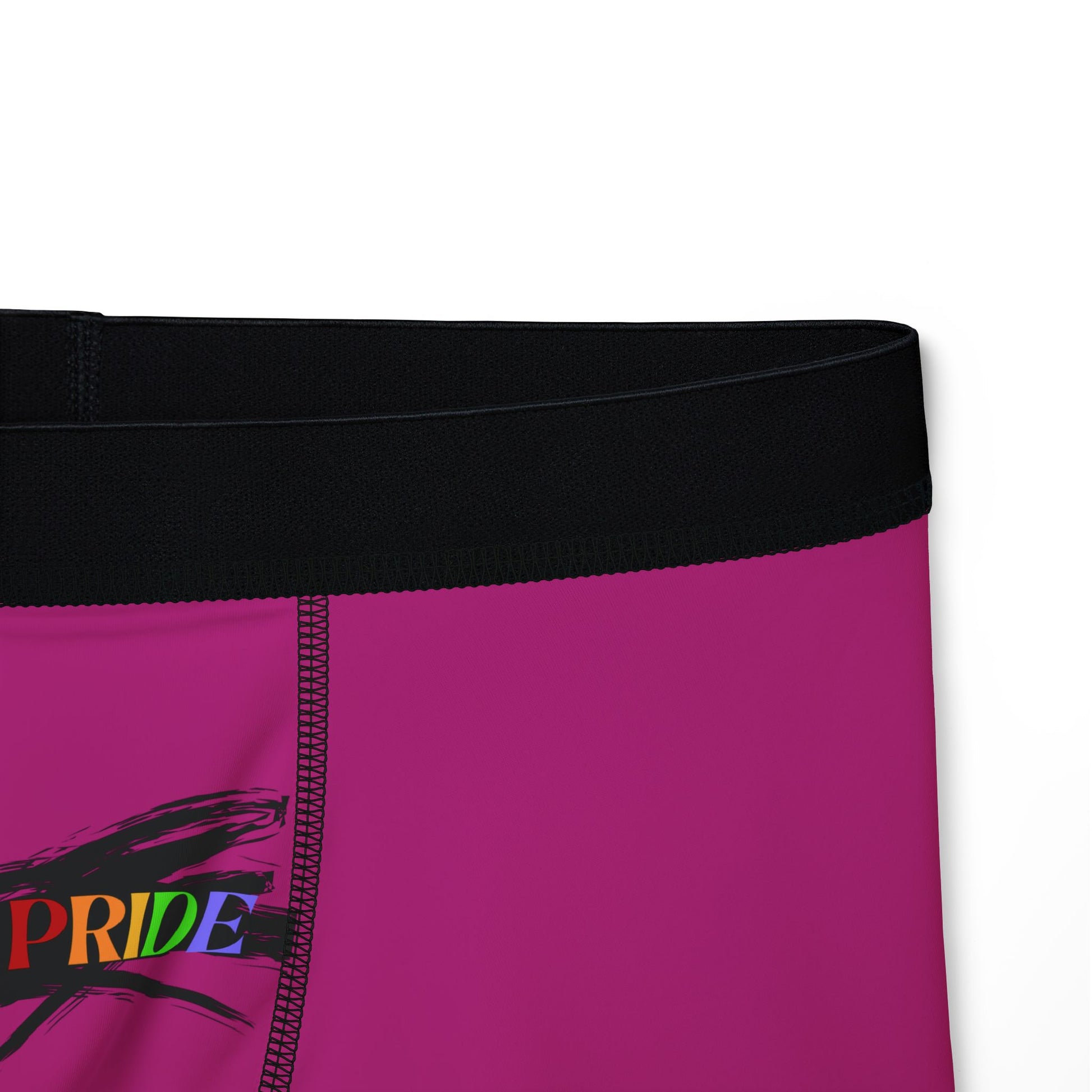 Pink boxer briefs with a black waistband, proudly showcasing My PRIDE in colorful letters on the front and and JOY on the back. This vibrant design celebrates the worldwide PRIDE and spirit of the LGBTQ community.