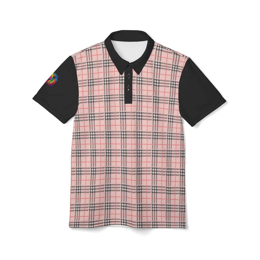 A polo shirt showcasing a pink "prideberry" plaid pattern on the front with solid black short sleeves. The shirt also features a collar and a small, colorful lion on the right sleeve, celebrating the LGBTQ community's vibrant spirit.