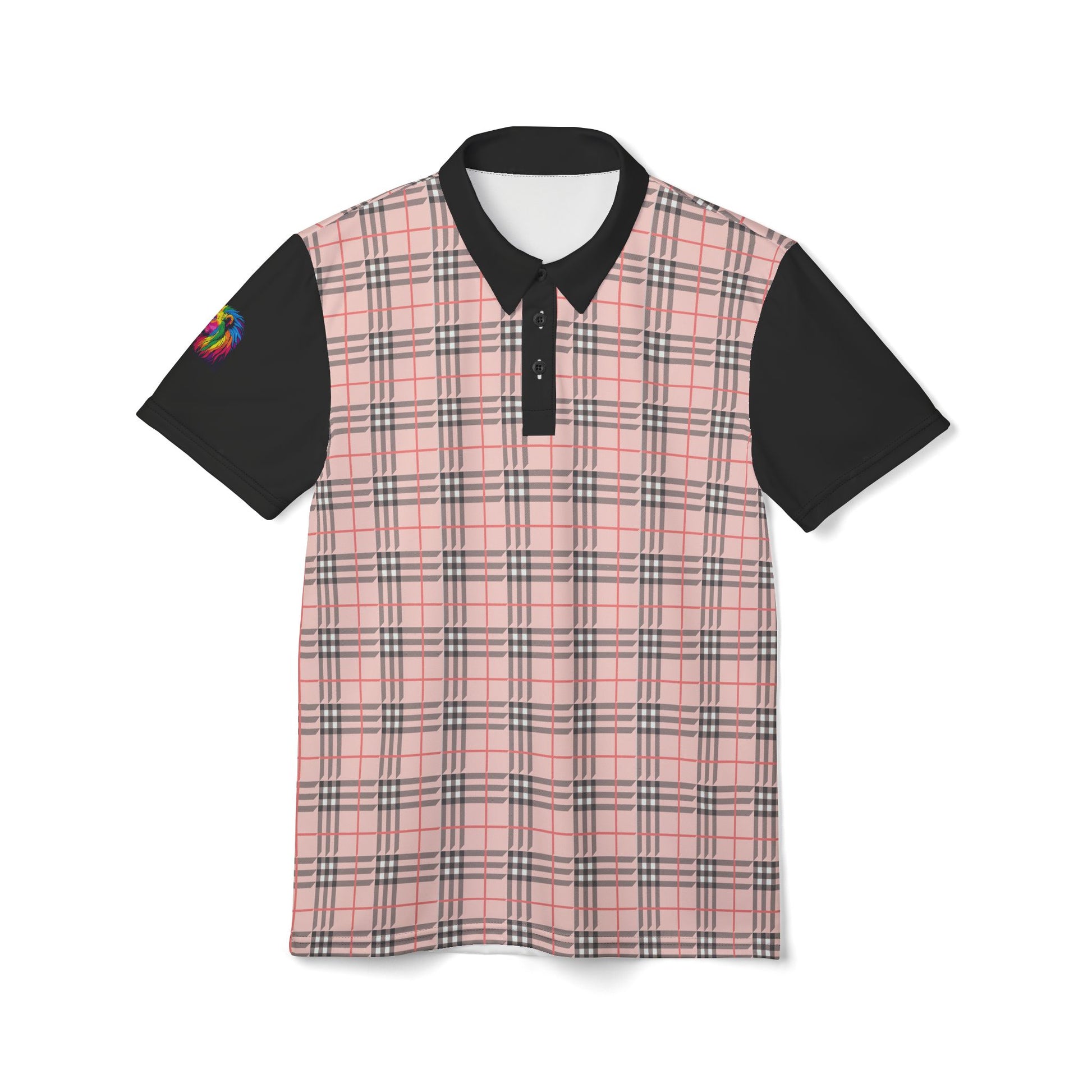 A polo shirt showcasing a pink "prideberry" plaid pattern on the front with solid black short sleeves. The shirt also features a collar and a small, colorful lion on the right sleeve, celebrating the LGBTQ community's vibrant spirit.