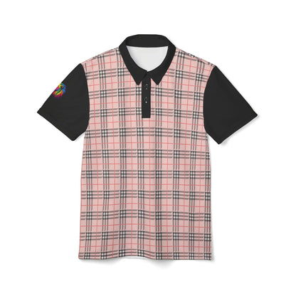 A polo shirt showcasing a pink "prideberry" plaid pattern on the front with solid black short sleeves. The shirt also features a collar and a small, colorful lion on the right sleeve, celebrating the LGBTQ community's vibrant spirit.