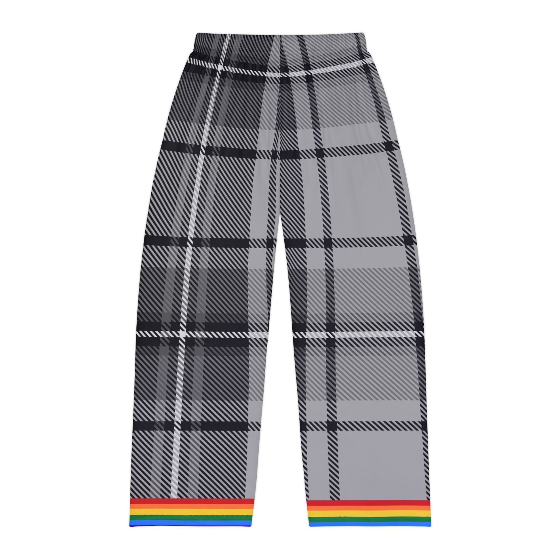 A photo of the back of gray and black plaid pants with a rainbow trim at the cuffs.  The background is plain white.