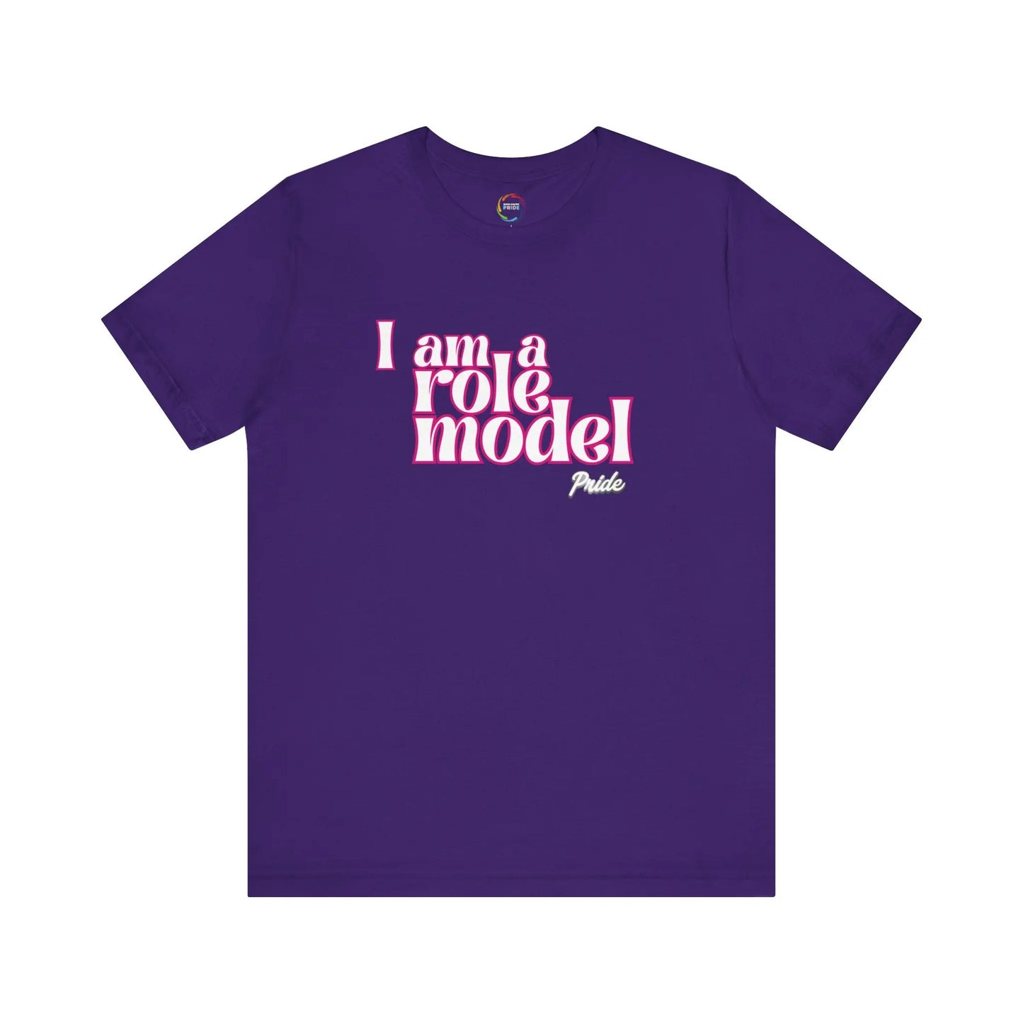 Purple t-shirt with 'I am a role model' text on a white background