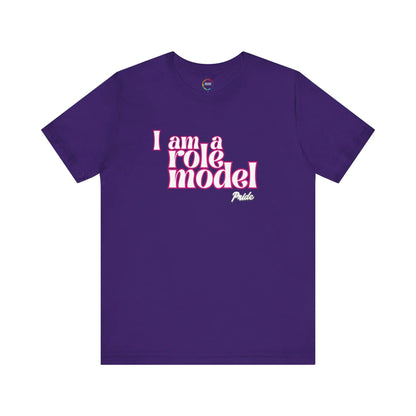 Purple t-shirt with 'I am a role model' text on a white background