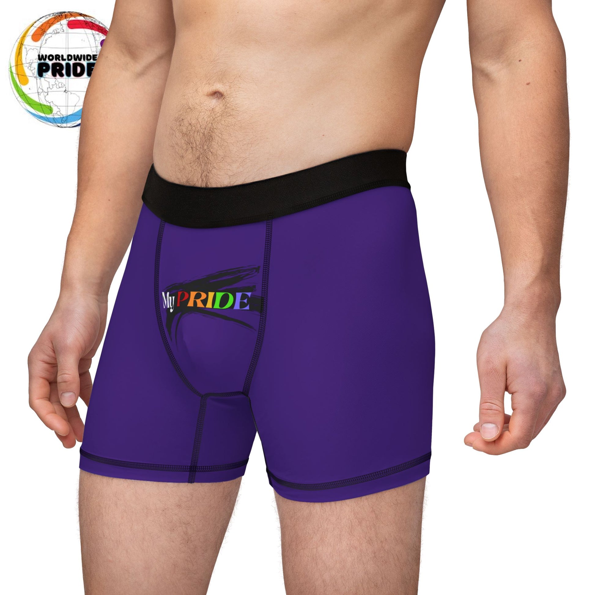 A person wearing purple boxer briefs with a black waistband, proudly showcasing My PRIDE in colorful letters on the front and and JOY on the back. This vibrant design celebrates the worldwide PRIDE and spirit of the LGBTQ community.
