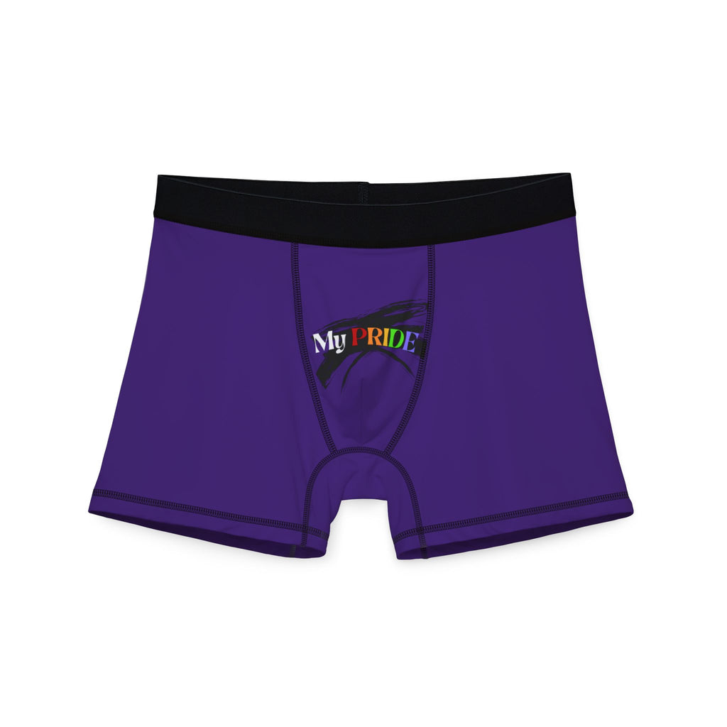 Purple boxer briefs with a black waistband, proudly showcasing My PRIDE in colorful letters on the front and and JOY on the back. This vibrant design celebrates the worldwide PRIDE and spirit of the LGBTQ community.