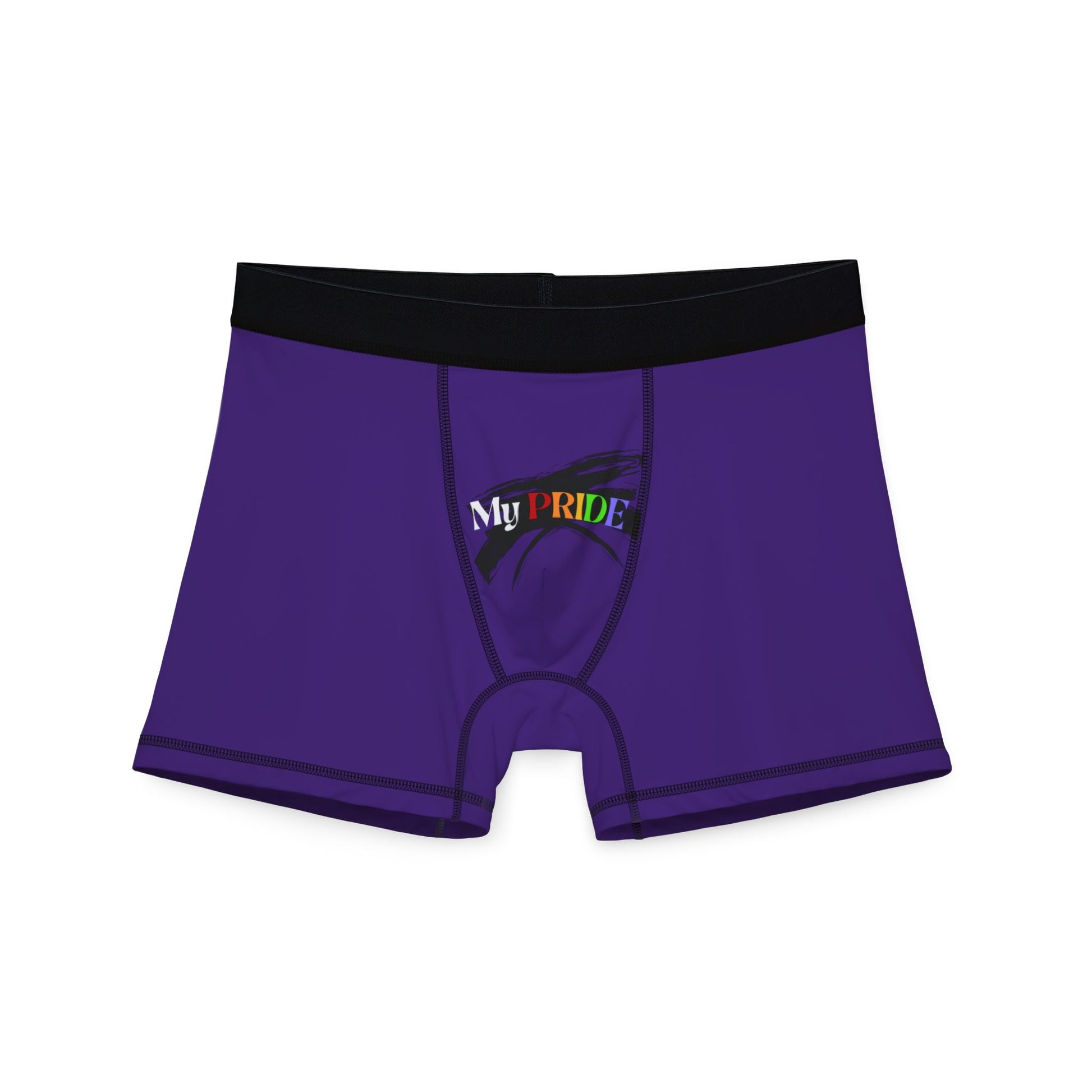 Purple boxer briefs with a black waistband, proudly showcasing My PRIDE in colorful letters on the front and and JOY on the back. This vibrant design celebrates the worldwide PRIDE and spirit of the LGBTQ community.