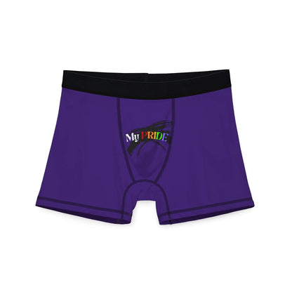 Purple boxer briefs with a black waistband, proudly showcasing My PRIDE in colorful letters on the front and and JOY on the back. This vibrant design celebrates the worldwide PRIDE and spirit of the LGBTQ community.