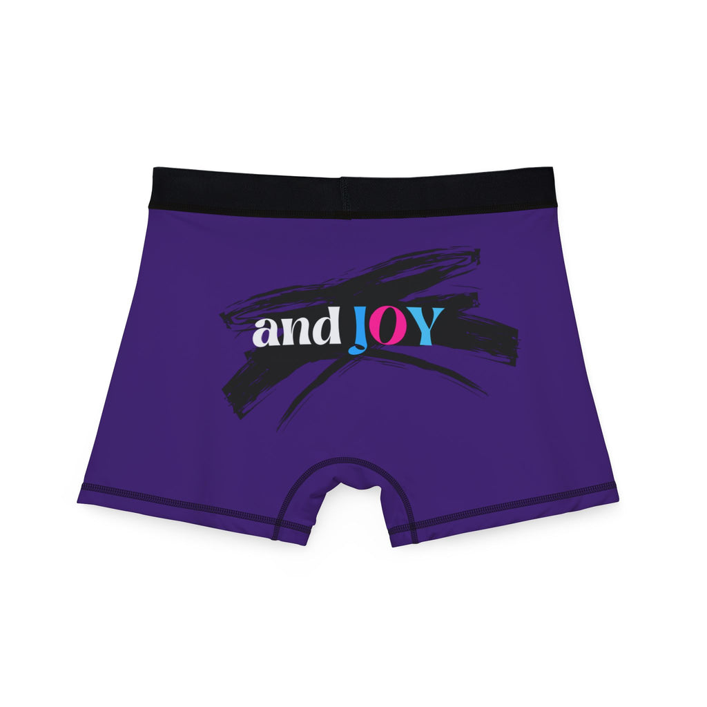 Purple boxer briefs with a black waistband, proudly showcasing My PRIDE in colorful letters on the front and and JOY on the back. This vibrant design celebrates the worldwide PRIDE and spirit of the LGBTQ community.