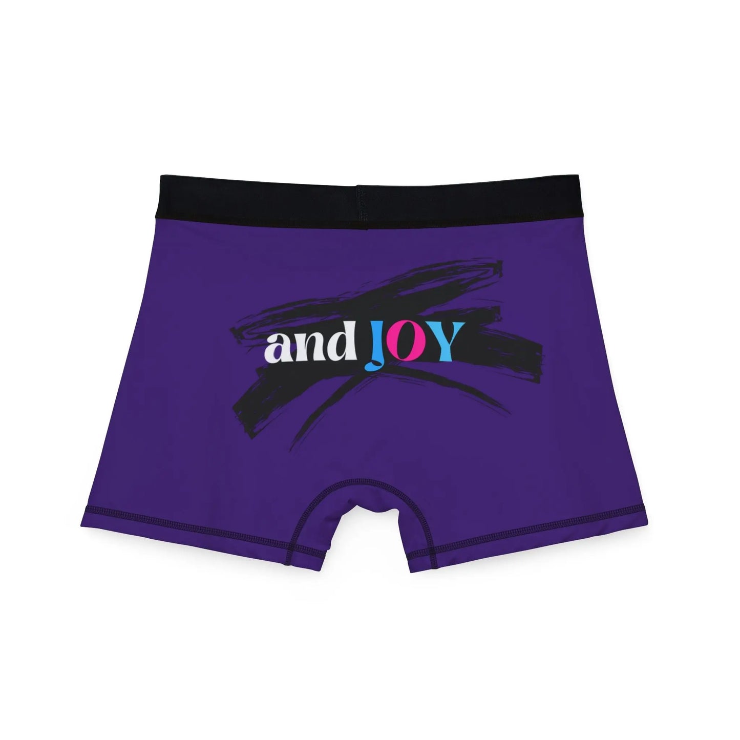 Purple boxer briefs with a black waistband, proudly showcasing My PRIDE in colorful letters on the front and and JOY on the back. This vibrant design celebrates the worldwide PRIDE and spirit of the LGBTQ community.