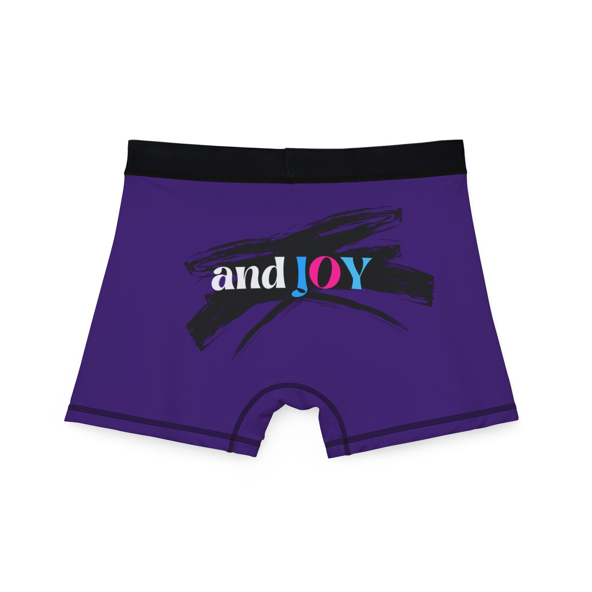 Purple boxer briefs with a black waistband, proudly showcasing My PRIDE in colorful letters on the front and and JOY on the back. This vibrant design celebrates the worldwide PRIDE and spirit of the LGBTQ community.