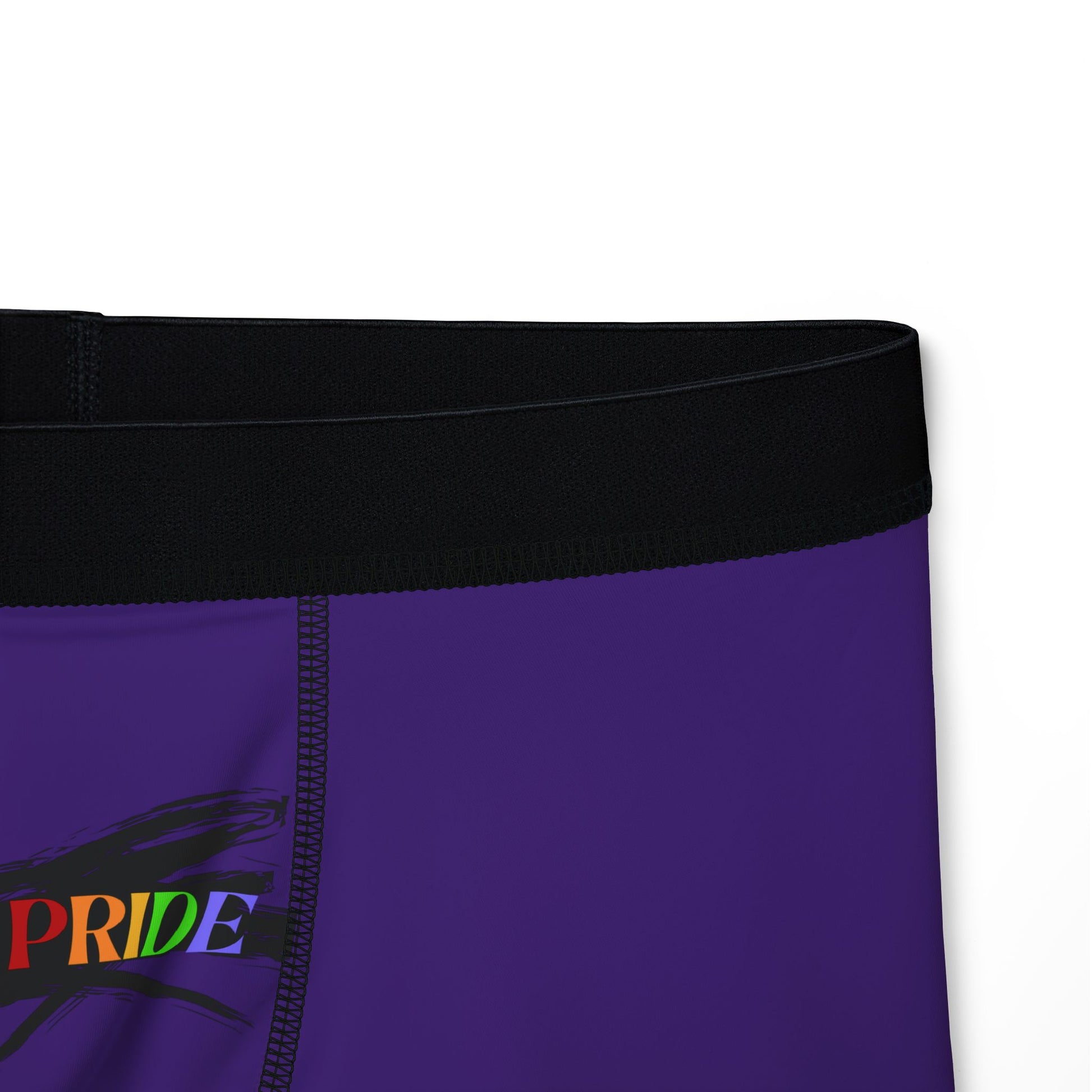 Purple boxer briefs with a black waistband, proudly showcasing My PRIDE in colorful letters on the front and and JOY on the back. This vibrant design celebrates the worldwide PRIDE and spirit of the LGBTQ community.