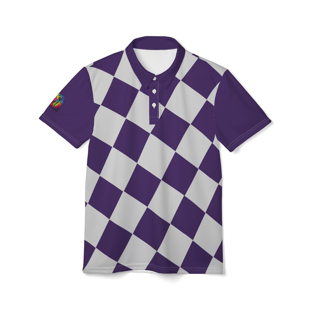 A purple and white checkered polo shirt from the Worldwide PRIDE Subtlety collection. On the right sleeve is a small colorful lion, an homage to the LBGTQ community. The shirt is placed against a plain white backdrop.