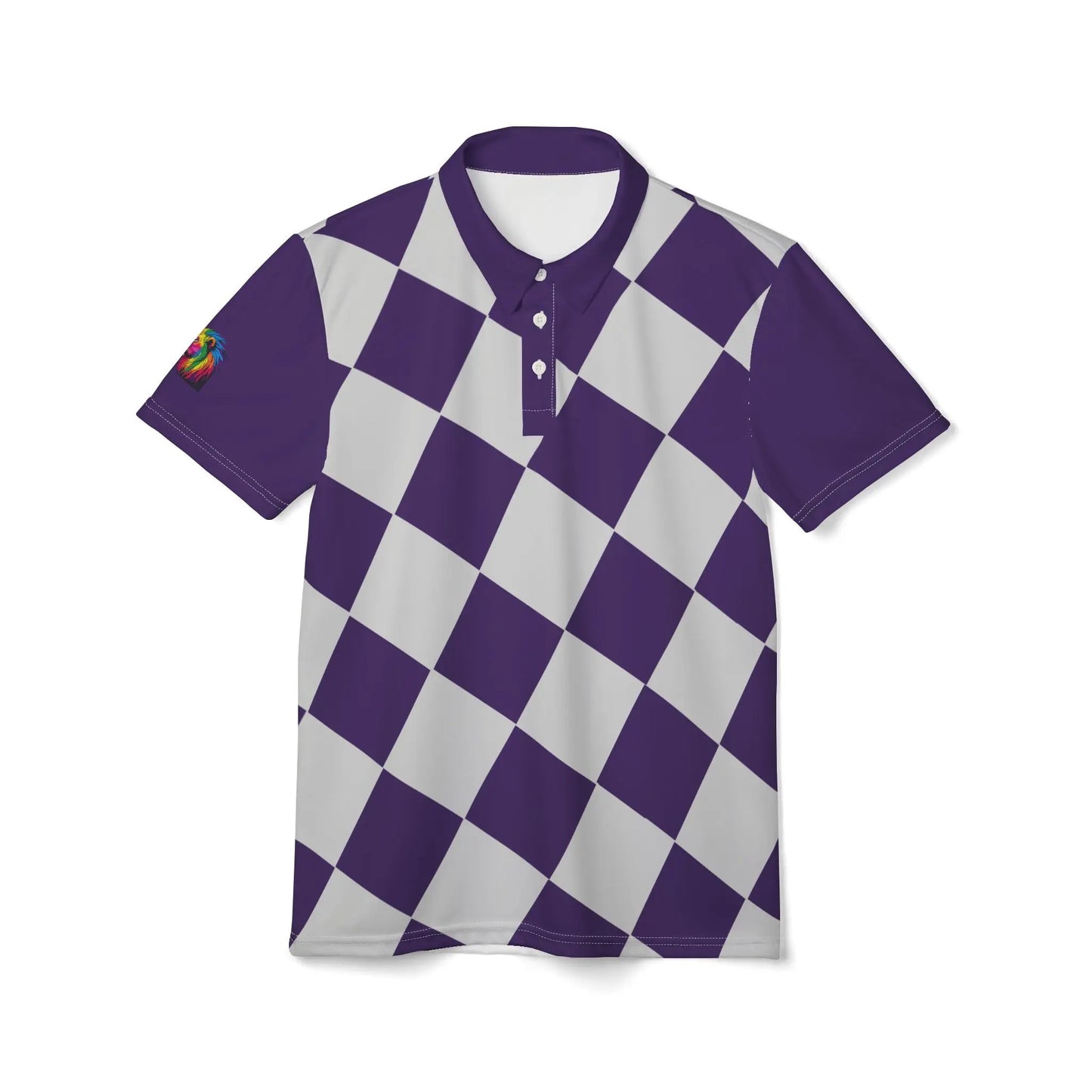 A purple and white checkered polo shirt from the Worldwide PRIDE Subtlety collection. On the right sleeve is a small colorful lion, an homage to the LBGTQ community. The shirt is placed against a plain white backdrop.