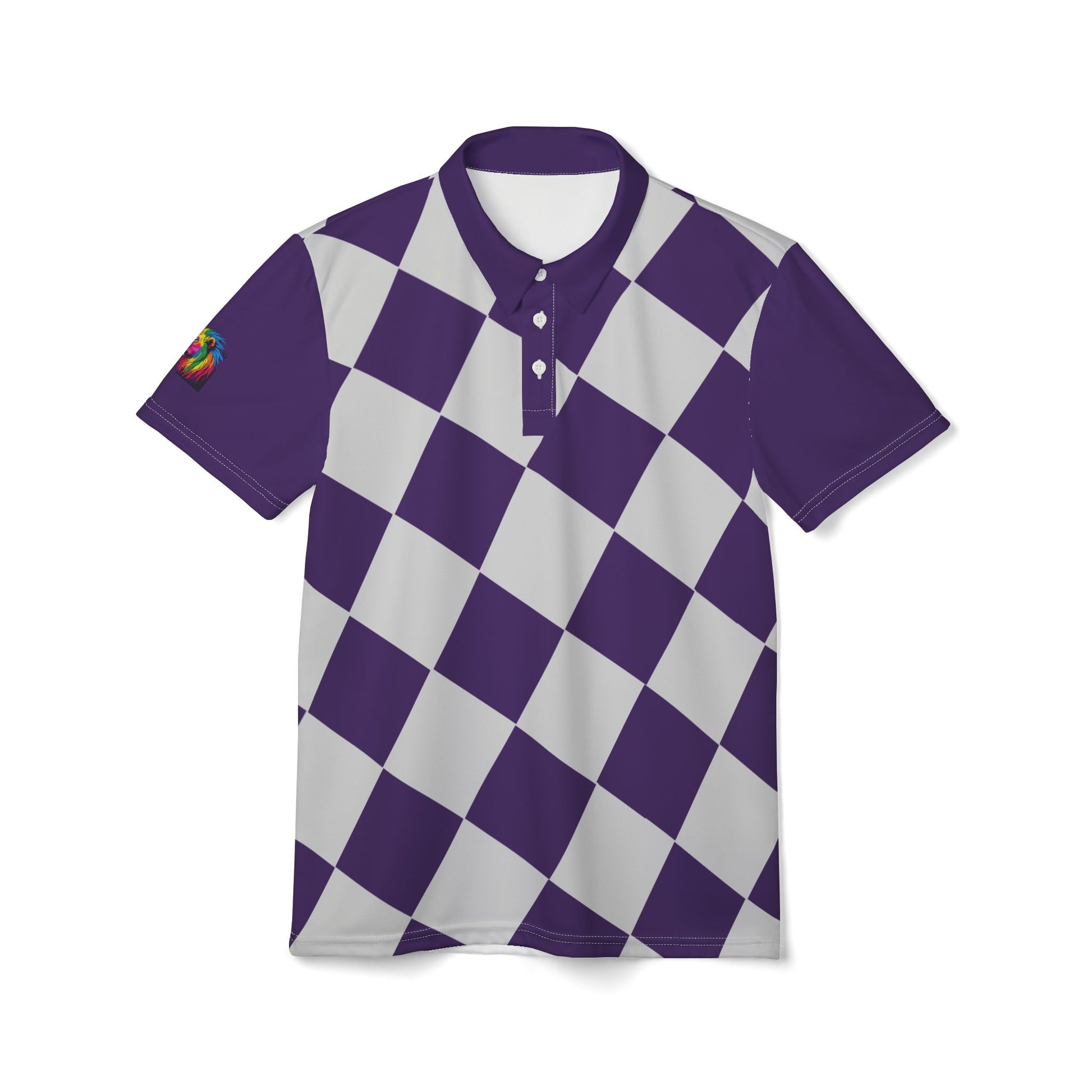A purple and white checkered polo shirt from the Worldwide PRIDE Subtlety collection. On the right sleeve is a small colorful lion, an homage to the LBGTQ community. The shirt is placed against a plain white backdrop.