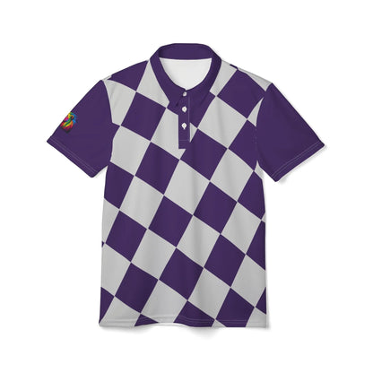 A purple and white checkered polo shirt from the Worldwide PRIDE Subtlety collection. On the right sleeve is a small colorful lion, an homage to the LBGTQ community. The shirt is placed against a plain white backdrop.