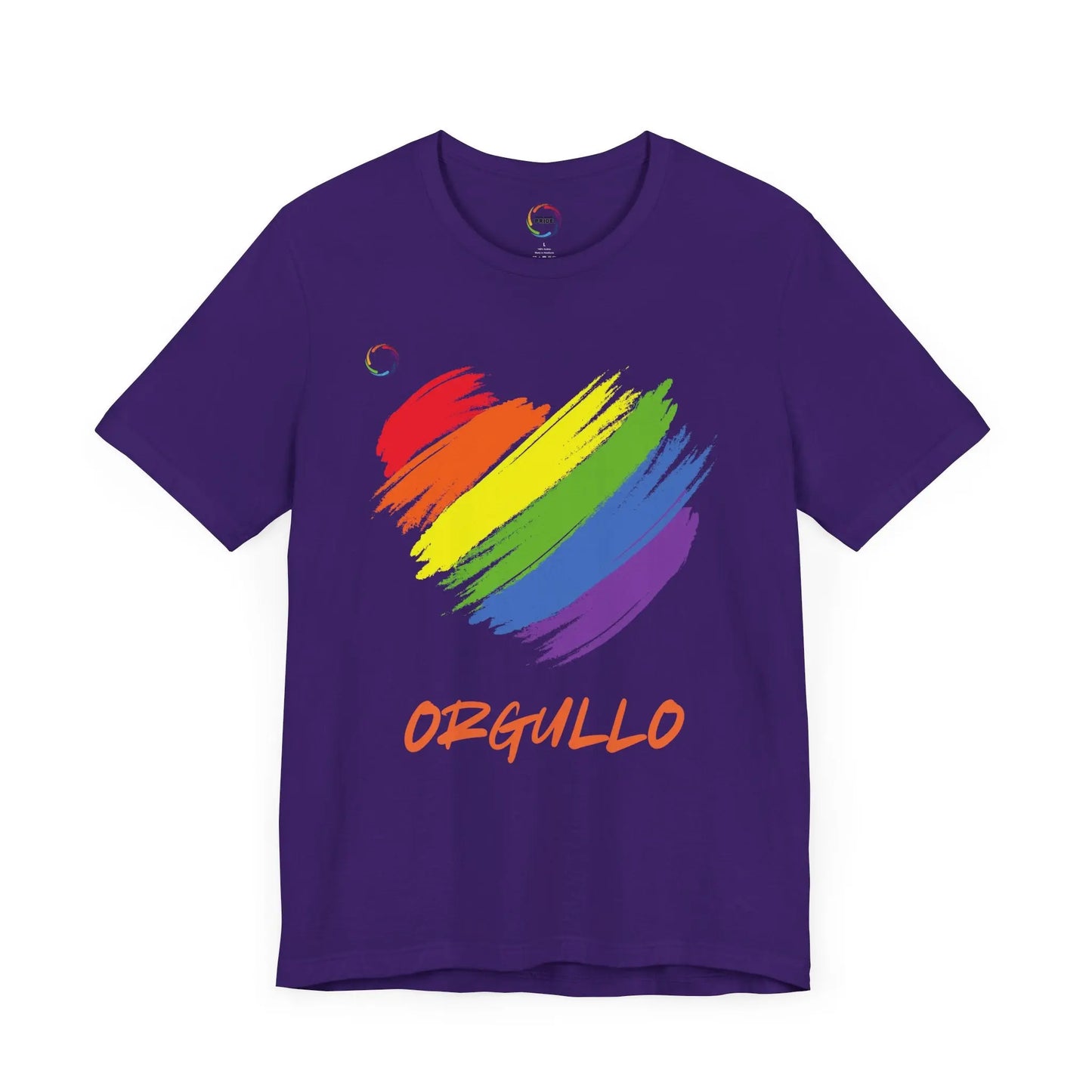 Purple T-shirt featuring a rainbow-colored splotch brushstroke heart design with the word ORGULLO, celebrating pride in Spanish, below in yellow-orange letters. Perfect for showing support for the LGBTQ community and Worldwide PRIDE events.