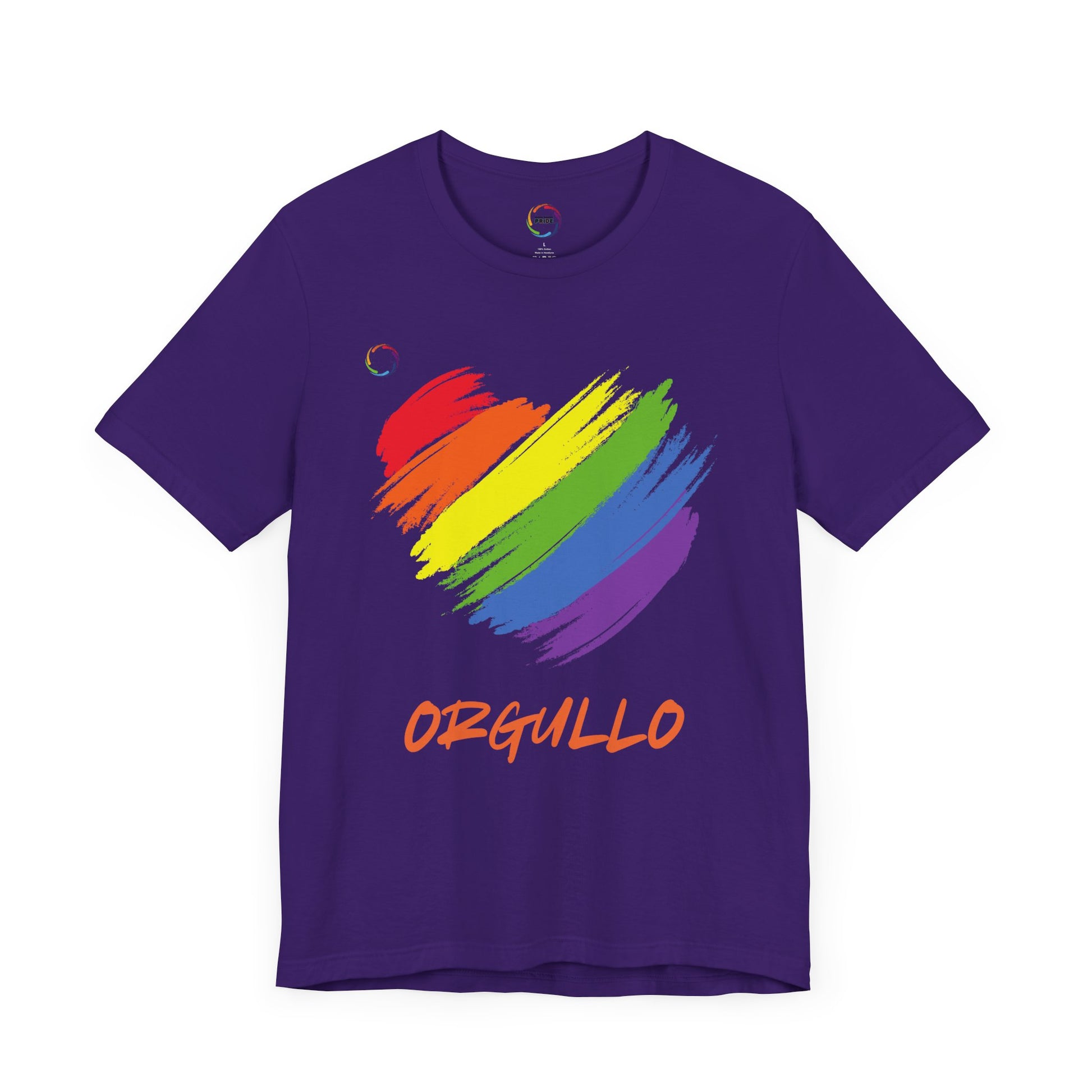 Purple T-shirt featuring a rainbow-colored splotch brushstroke heart design with the word ORGULLO, celebrating pride in Spanish, below in yellow-orange letters. Perfect for showing support for the LGBTQ community and Worldwide PRIDE events.