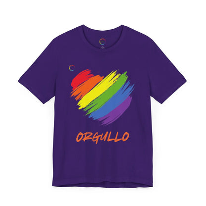 Purple T-shirt featuring a rainbow-colored splotch brushstroke heart design with the word ORGULLO, celebrating pride in Spanish, below in yellow-orange letters. Perfect for showing support for the LGBTQ community and Worldwide PRIDE events.
