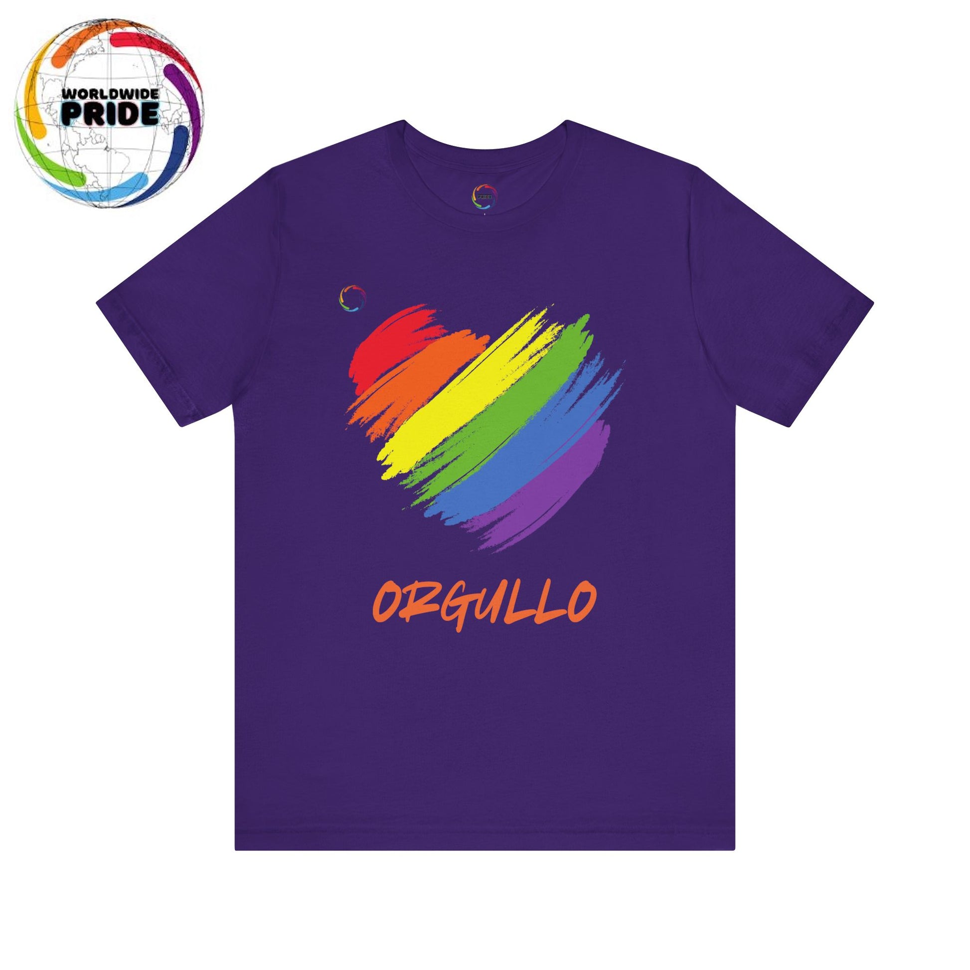 Purple T-shirt featuring a rainbow-colored splotch brushstroke heart design with the word ORGULLO, celebrating pride in Spanish, below in yellow-orange letters. Perfect for showing support for the LGBTQ community and Worldwide PRIDE events.