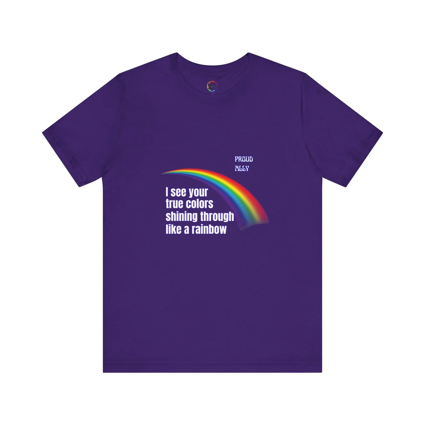 Purple t-shirt with rainbow and text design on a white background