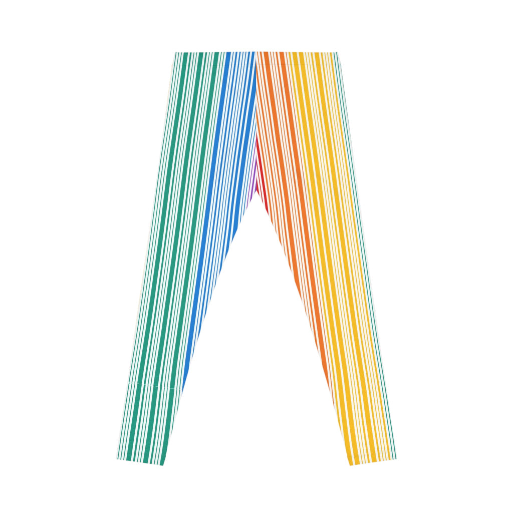 Colorful leggings with vertical stripes in a gradient from blue to red embodies the spirit of PRIDE.