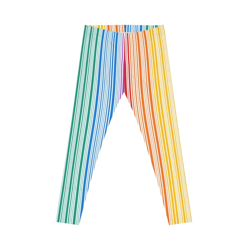 Colorful leggings with vertical stripes in a gradient from blue to red embodies the spirit of PRIDE.