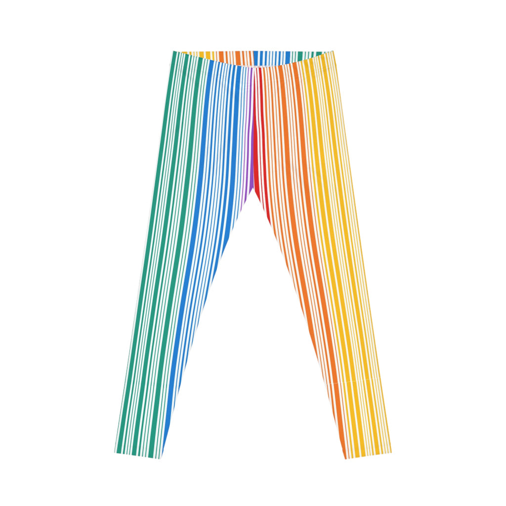 Colorful leggings with vertical stripes in a gradient from blue to red embodies the spirit of PRIDE.
