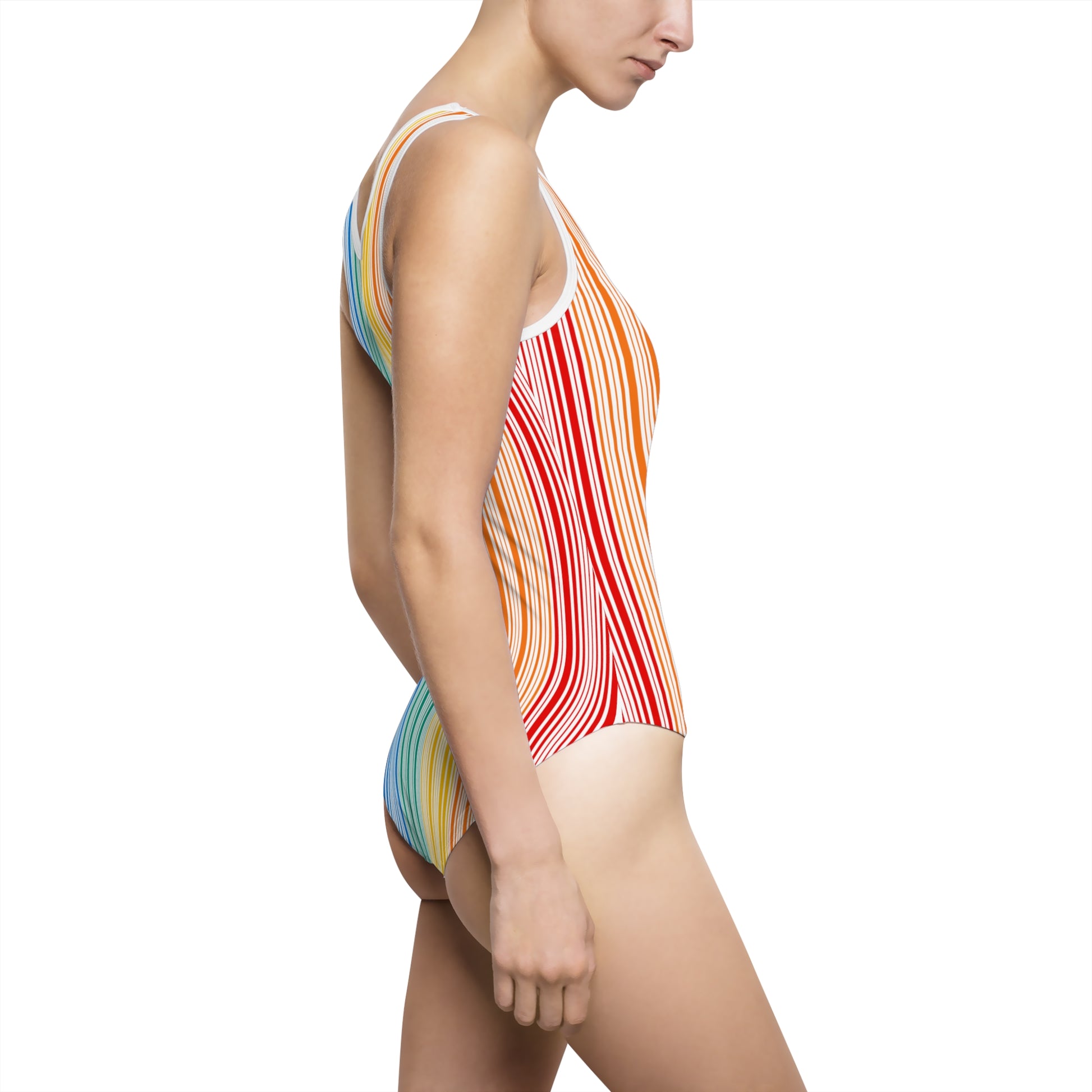Side view of a person wearing a rainbow-striped one-piece swimsuit, embodying the vibrant spirit of the LGBTQ community, with their hands by their side, confidently posing against a plain white background.