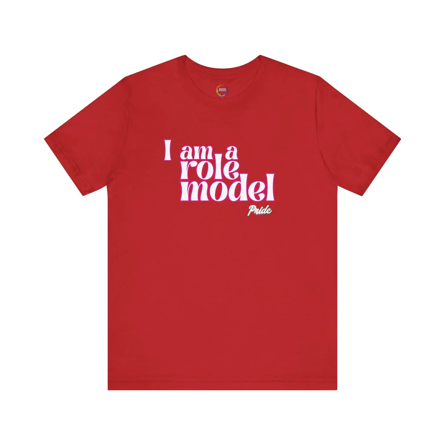 Red t-shirt with white text 'I am a role model' on a white background