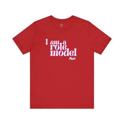 Red t-shirt with white text 'I am a role model' on a white background