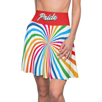 A person is wearing a colorful skirt with a spiral of rainbow stripes converging at the center, celebrating worldwide PRIDE. The red waistband features Pride written in white script, representing the LGBTQ community, as their hand rests elegantly on the side.