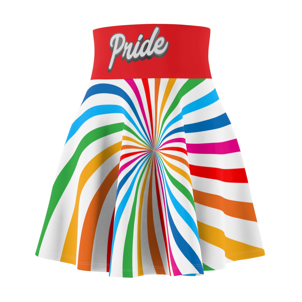 A colorful skirt with a spiral of rainbow stripes converging at the center, celebrating worldwide PRIDE. The red waistband features Pride written in white script, representing the LGBTQ community.