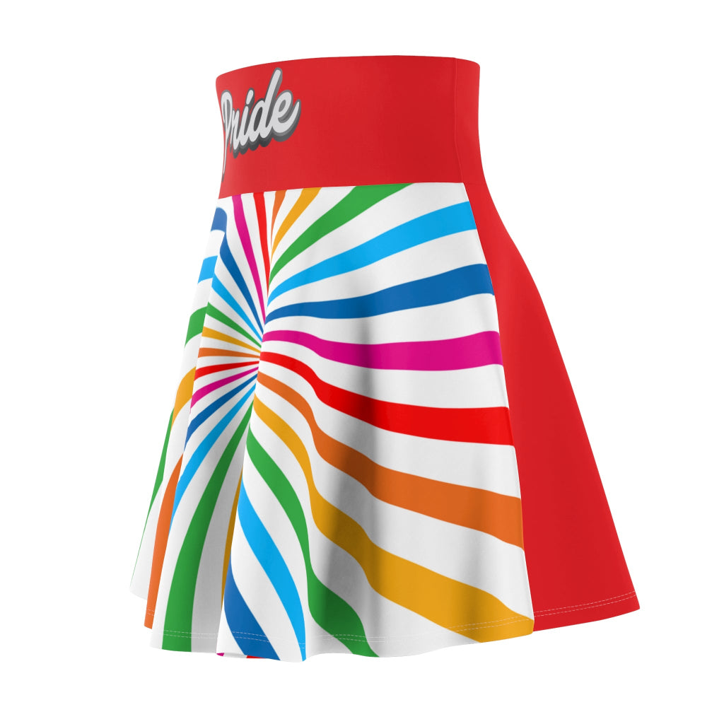 A colorful skirt with a spiral of rainbow stripes converging at the center, celebrating worldwide PRIDE. The red waistband features Pride written in white script, representing the LGBTQ community.