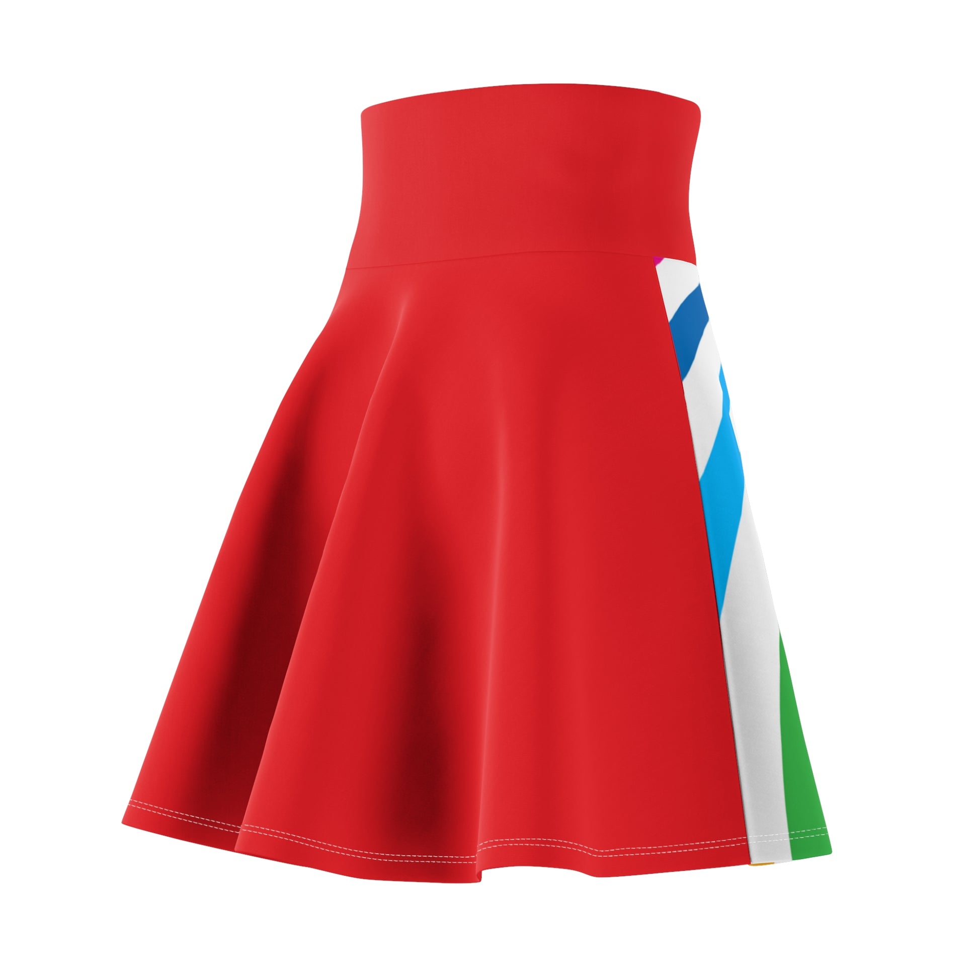A colorful skirt with a spiral of rainbow stripes converging at the center, celebrating worldwide PRIDE. The red waistband features Pride written in white script, representing the LGBTQ community.