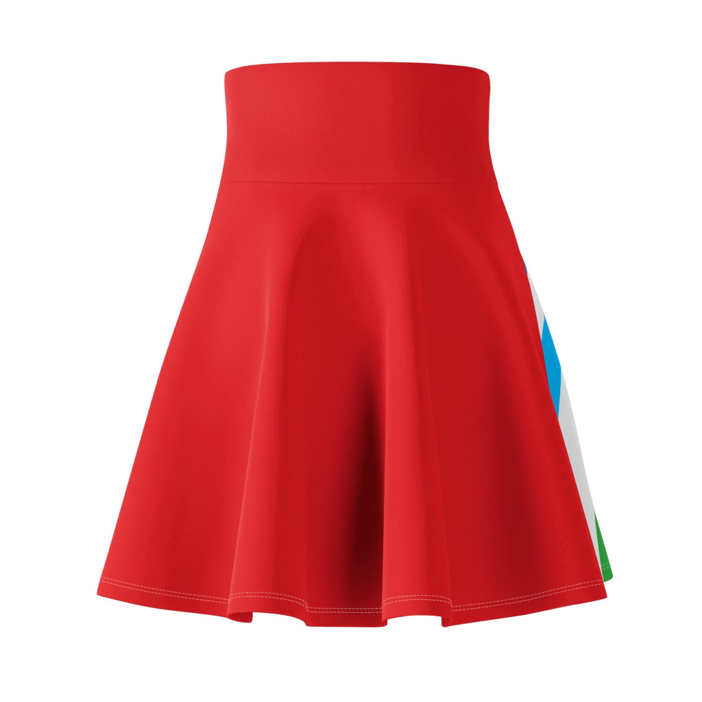 A colorful skirt with a spiral of rainbow stripes converging at the center, celebrating worldwide PRIDE. The red waistband features Pride written in white script, representing the LGBTQ community.
